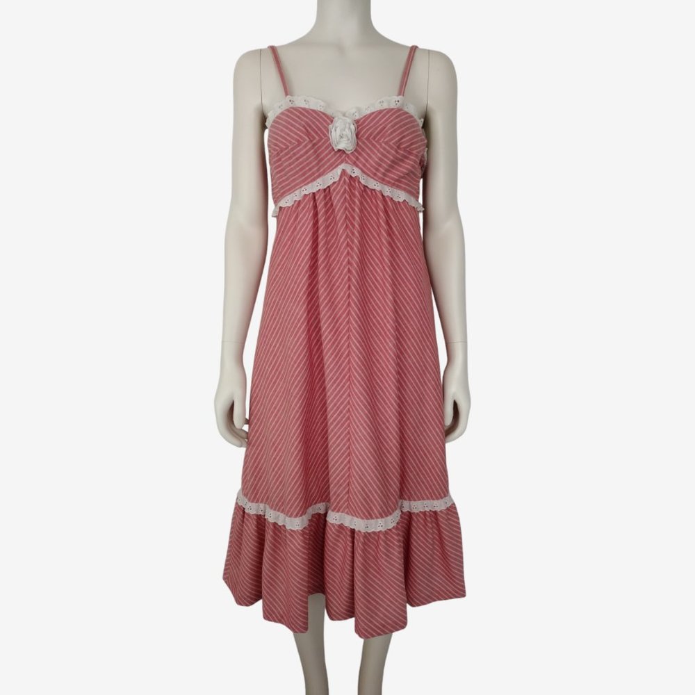 Vintage 1970s Jody T Pink Striped Empire Waist Ruffled Hem Midi Dress